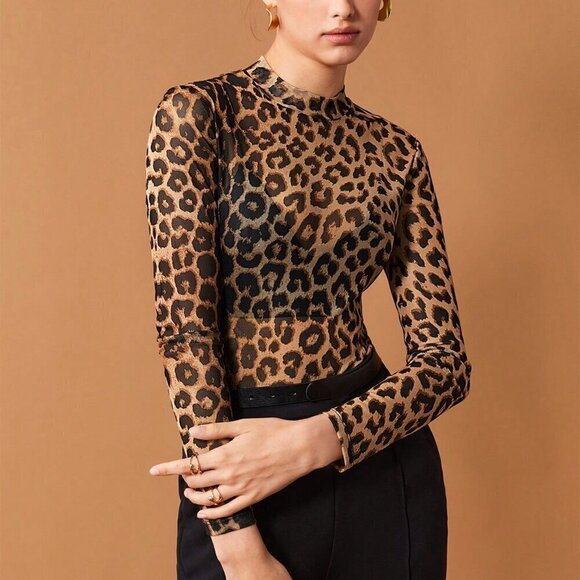 Brown Casual Women's Leopard Print Mesh Top - Picture 9 of 10